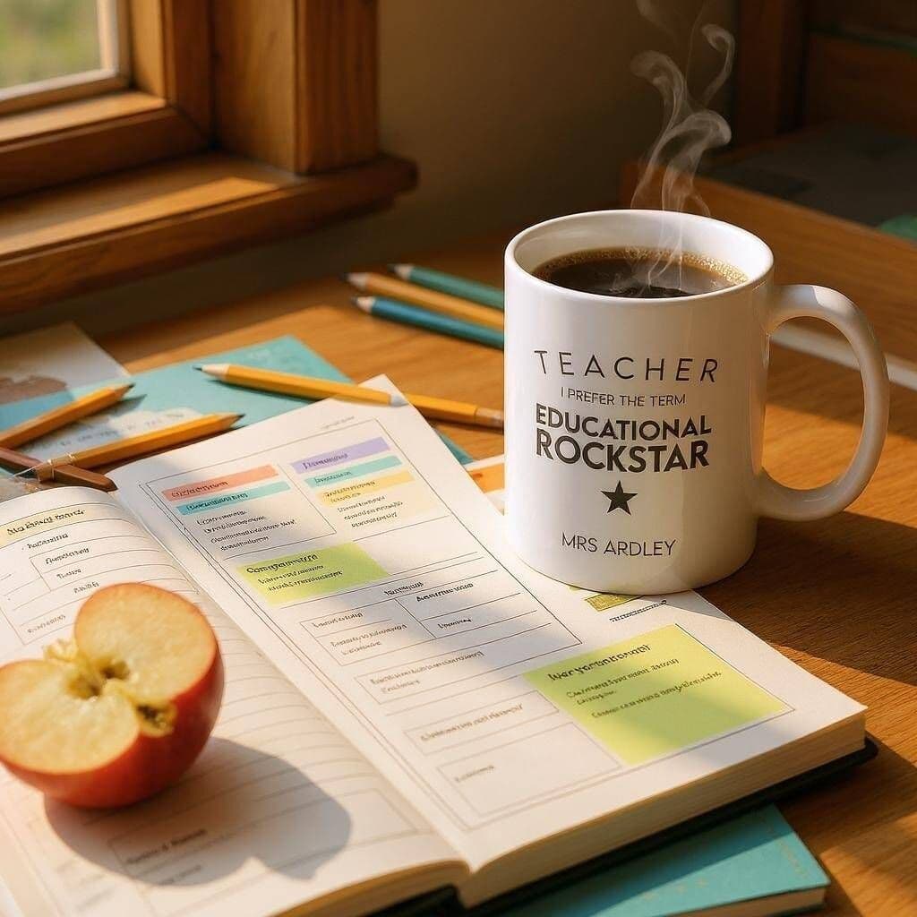 White mug with 'Teacher: Educational Rockstar' text on a desk with an open book and apple.