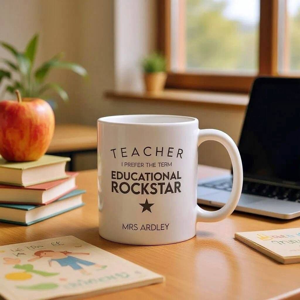 White mug with 'Teacher I prefer the term Educational Rockstar' text on a desk with books, an apple, and a laptop.