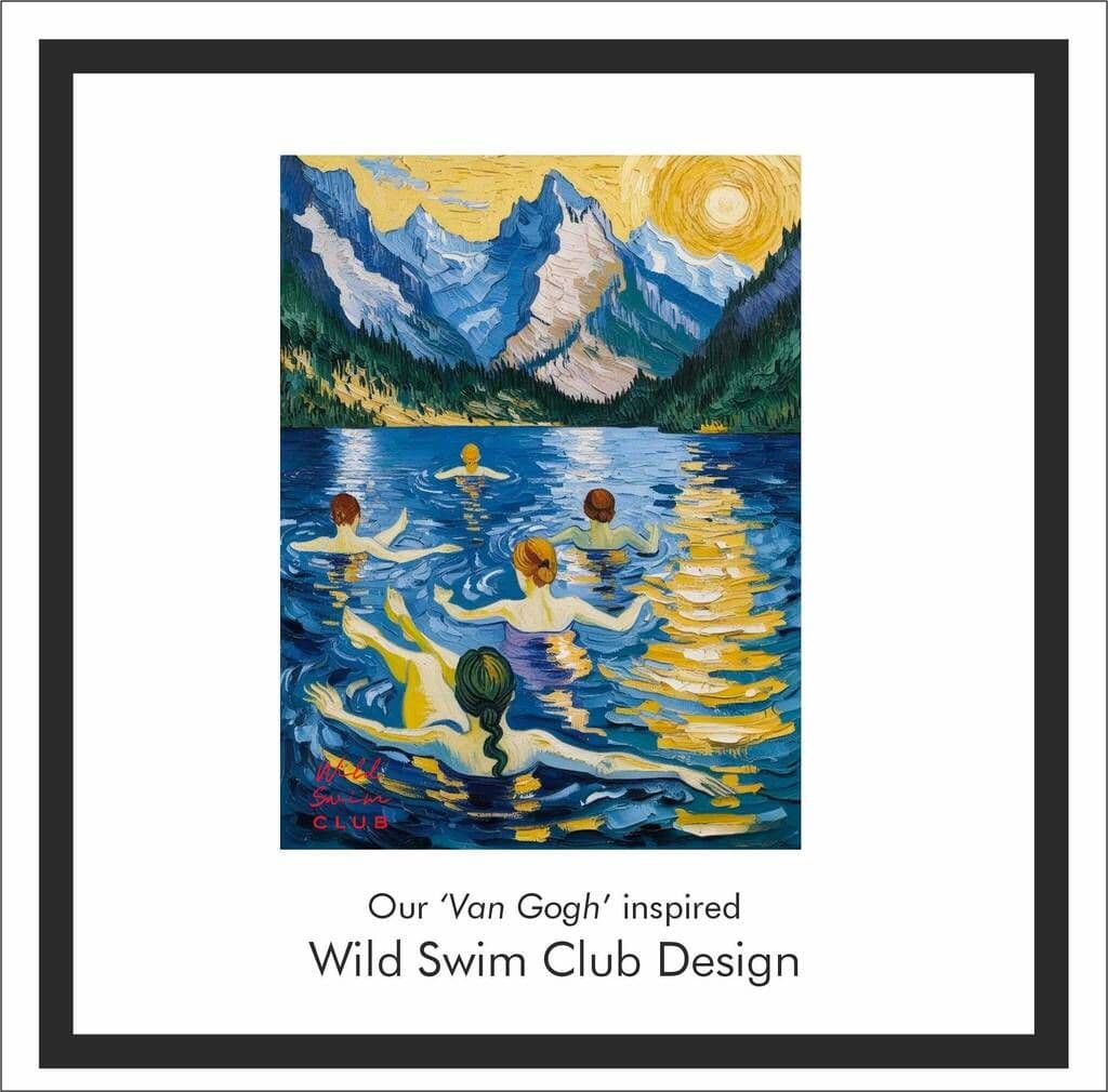 Framed artwork inspired by Van Gogh's style, depicting people swimming in a lake with mountains.